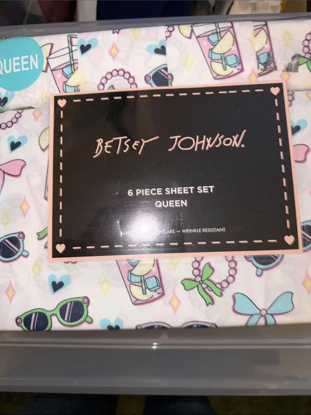 Betsey Johnson White Sheet Set with Pastel Sunglasses & Accessories Print